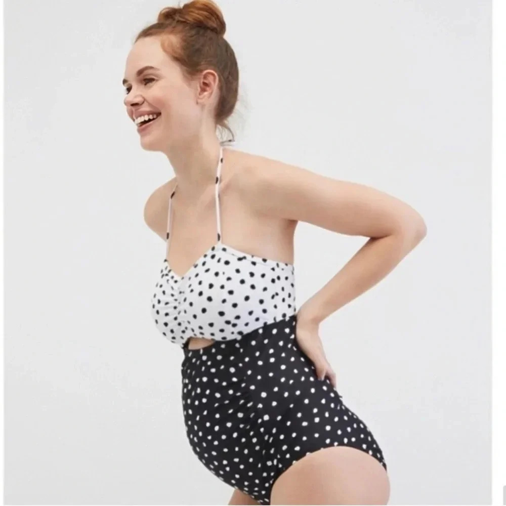 NWT Motherhood Maternity Beach Bump, One Piece Halter Polka Dot Swimsuit